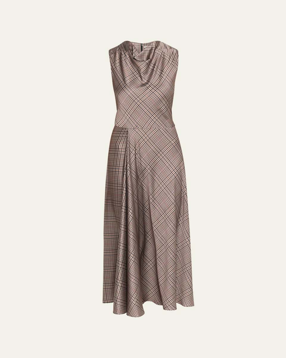 Pressed Plaid Cowl-Neck Dress
